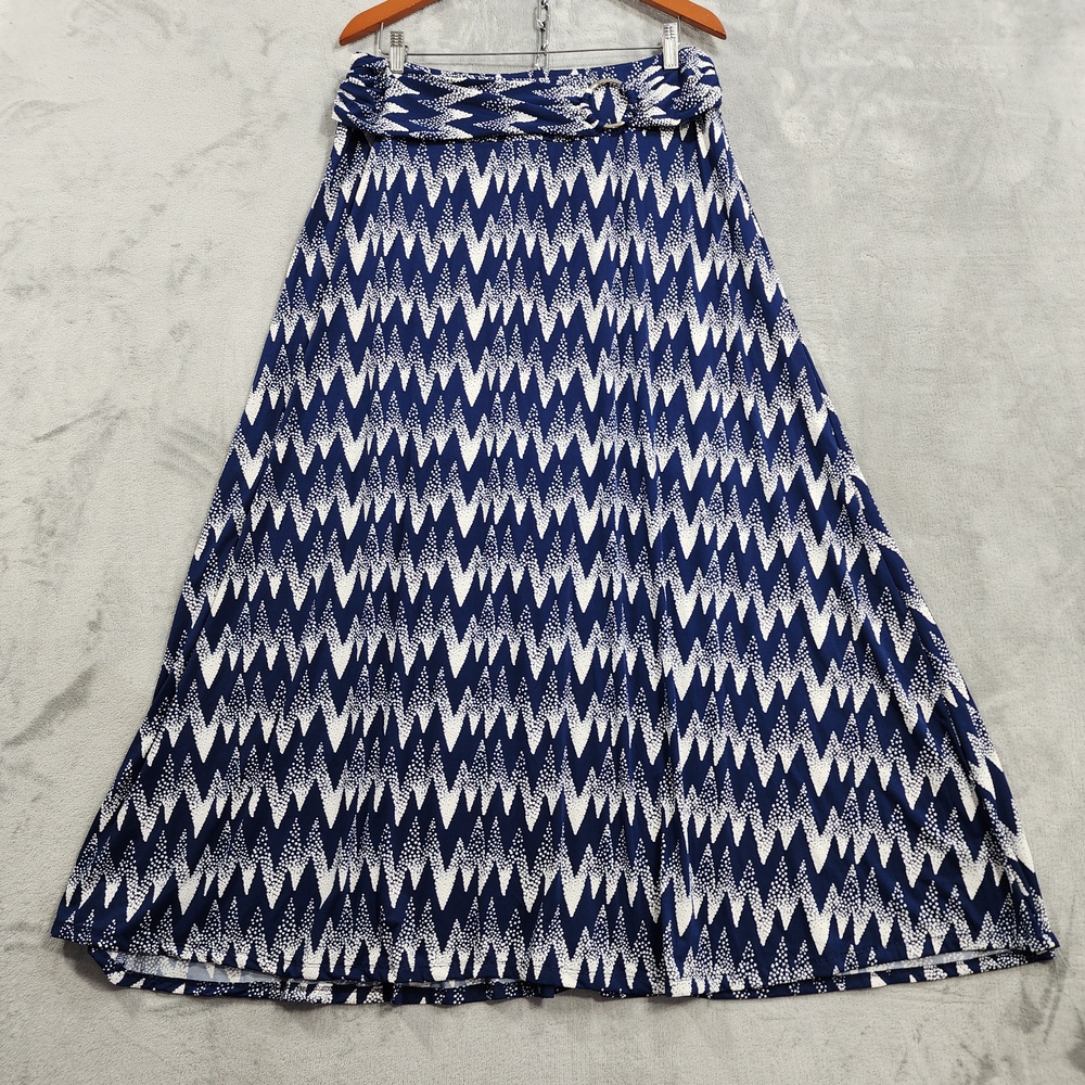 Robert Louis Skirt Womens XL Blue Geometric Jersey Maxi Pull On Buckle Stretch